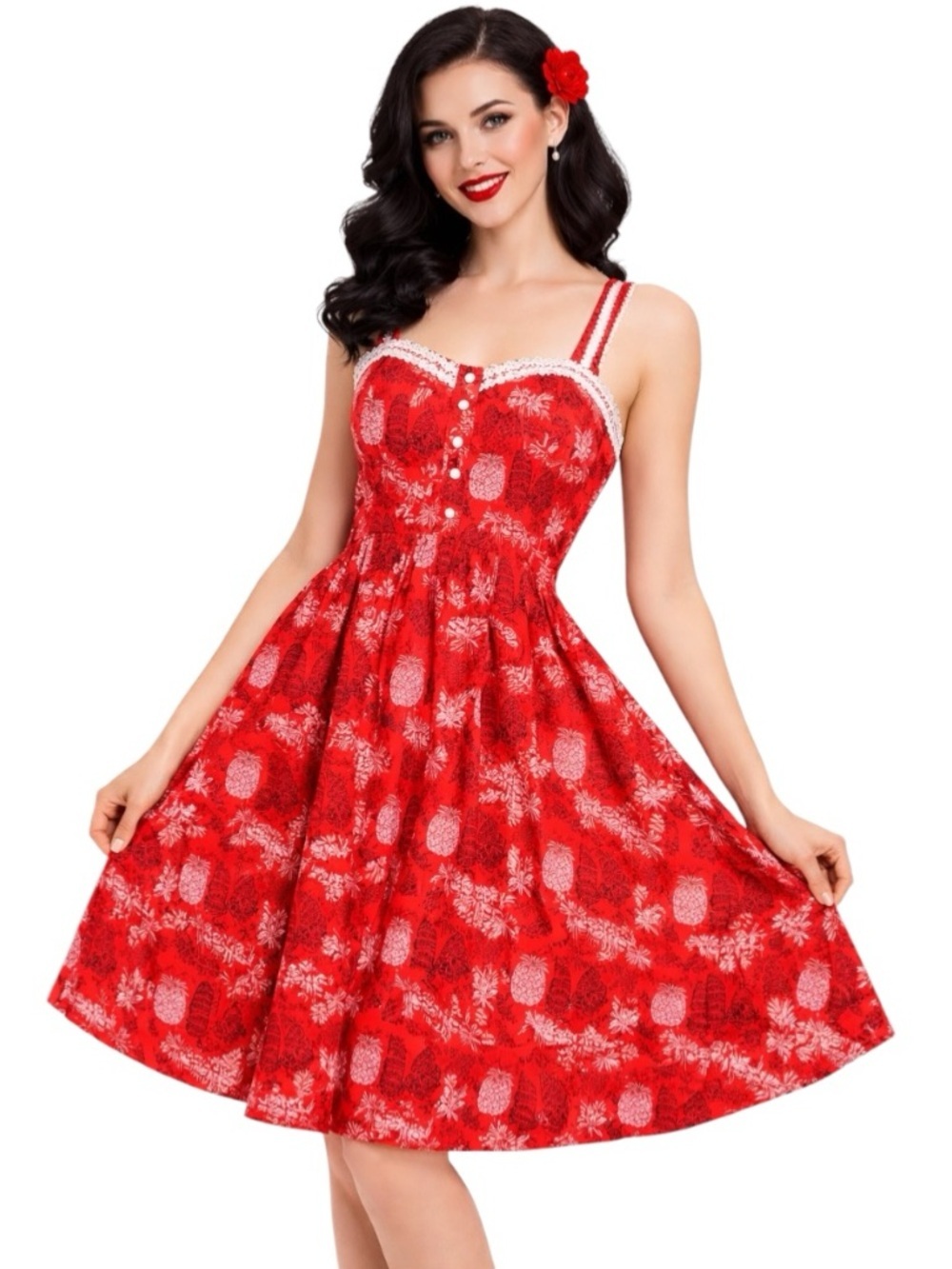 Lindy Bop Red Pinup Fit & Flare Smocked Back Retro Rockabilly Dress Size 10